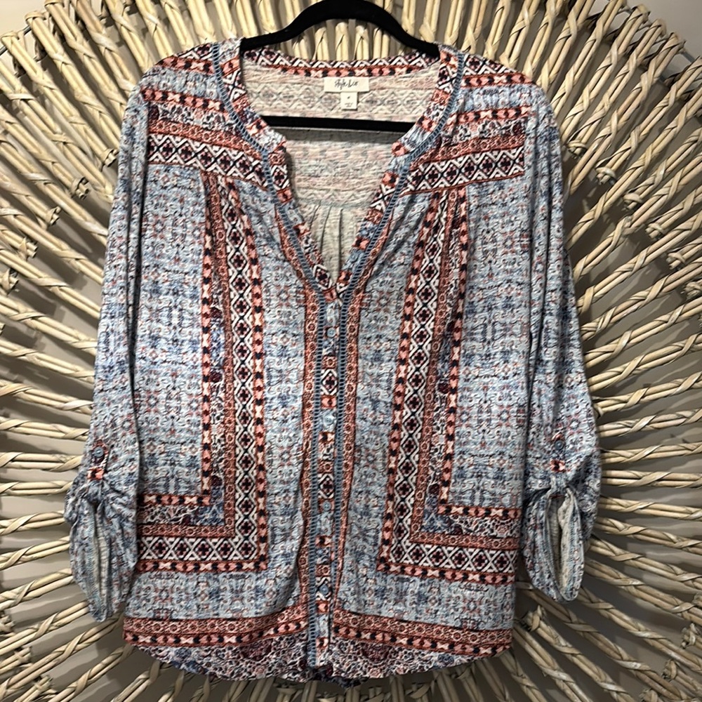 Style & Co. Blue and White V-neck 3/4 Sleeve Button Down Blouse